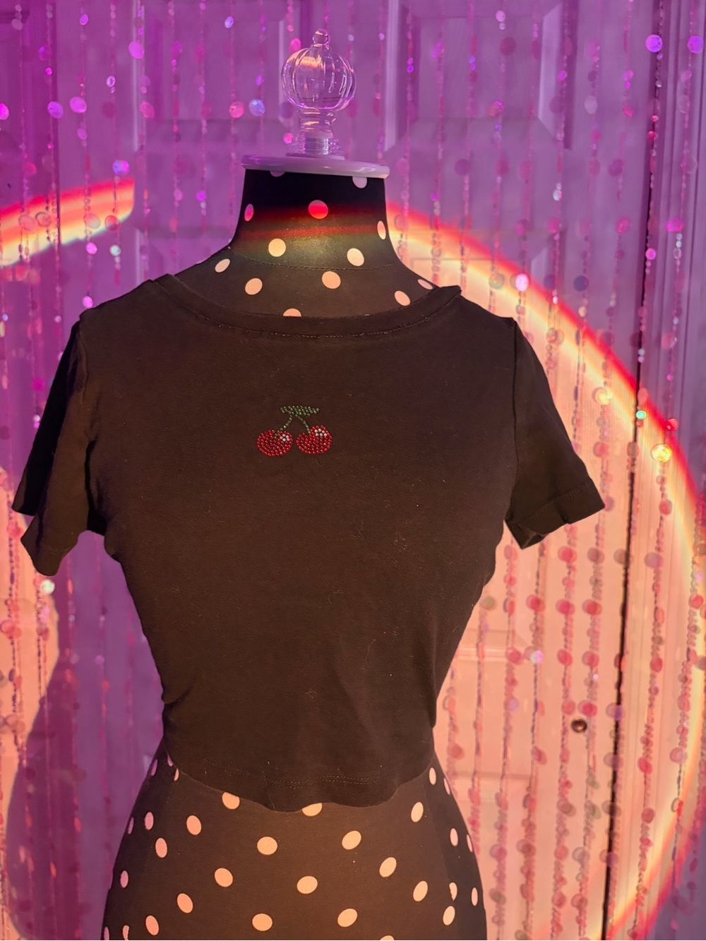 Pacsun Black Cropped Tee with Rhinestone Cherry Accent Size M